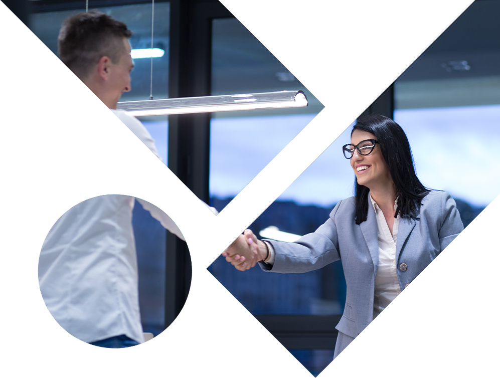 Two business professionals shaking hands in a modern office setting, displayed through a geometric diamond and circle mask design on a black background — representing partnership and professional collaboration.